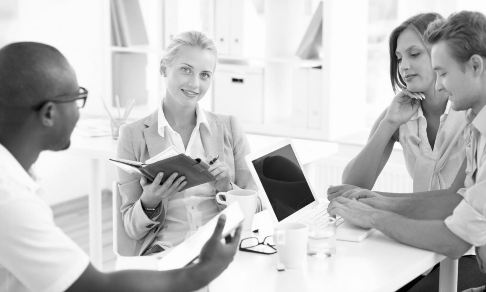 Business analysis environment showing data review and decision making process
